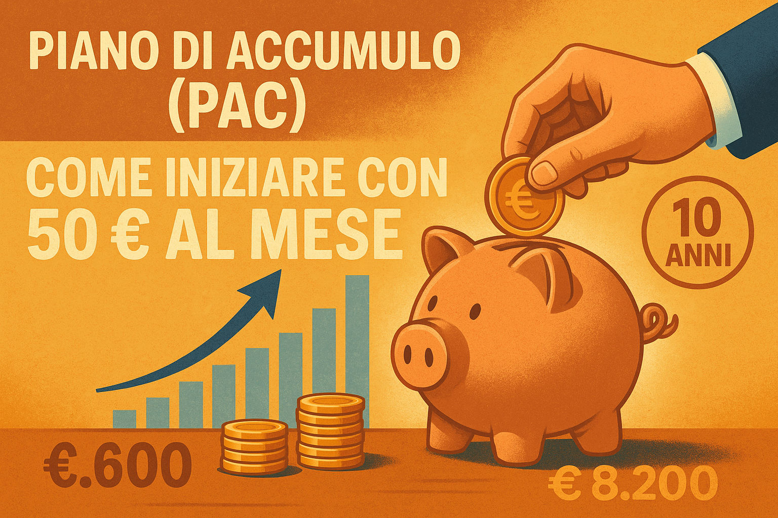 Come iniziare un PAC con 50 euro al mese Salvadanaio e grafico di crescita: rappresenta come iniziare un PAC con 50 euro al mese e costruire un capitale nel tempo.