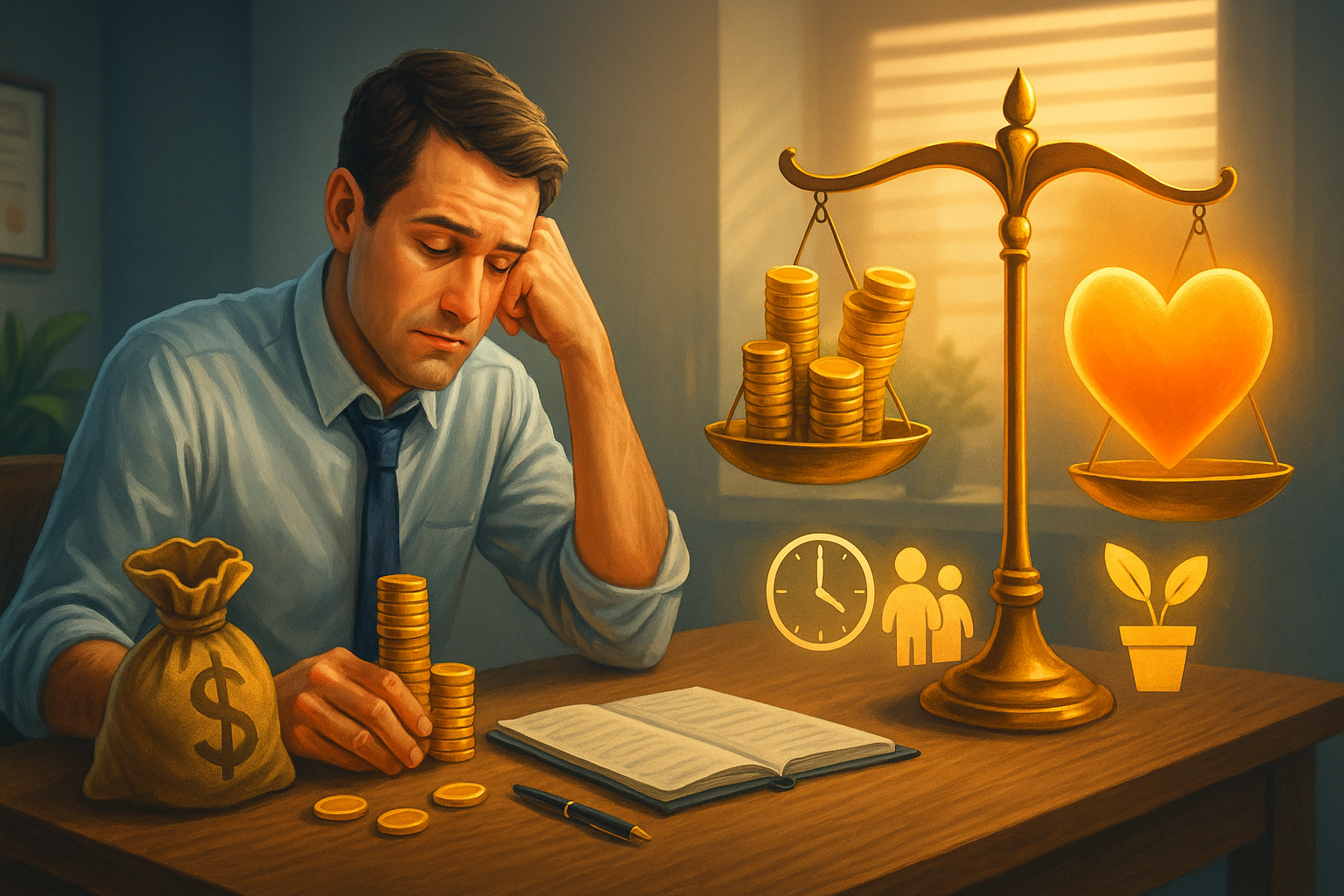 Salario emotivo: perché non devi inseguire solo i soldi Uomo pensieroso davanti al denaro, simbolo del salario emotivo e di come i soldi non bastino a dare soddisfazione nel lavoro.