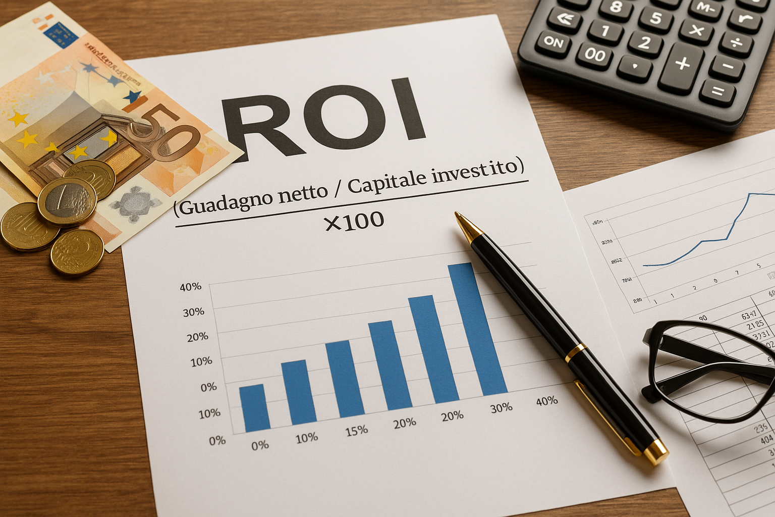 Come calcolare il ROI di un investimento finanziario Grafico e calcolatrice che rappresentano come calcolare il ROI di un investimento finanziario.