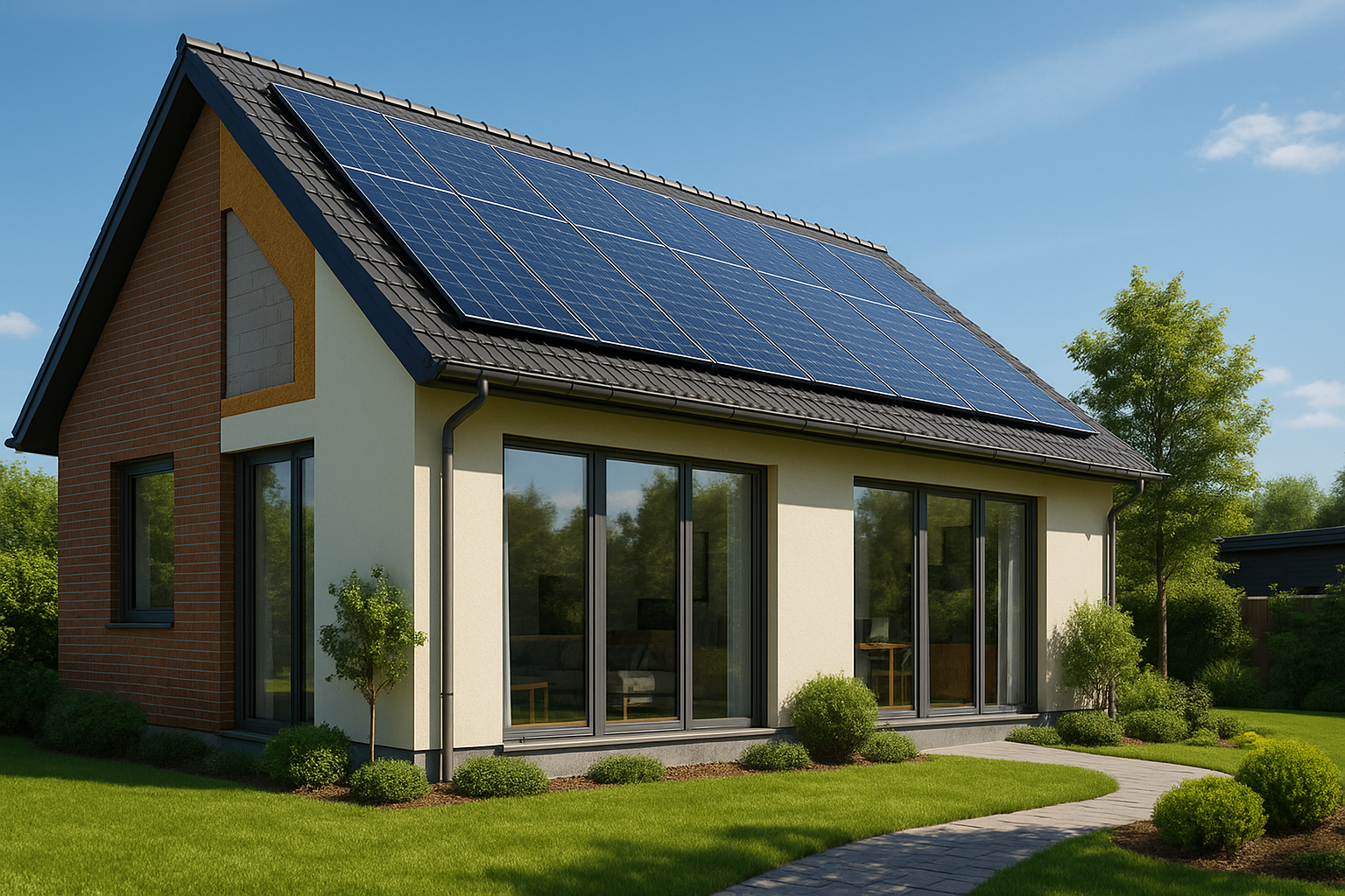 Investire in una casa green a basso consumo energetico in Italia Casa moderna con pannelli solari e giardino verde: rappresenta come investire in una casa green a basso consumo energetico in Italia.