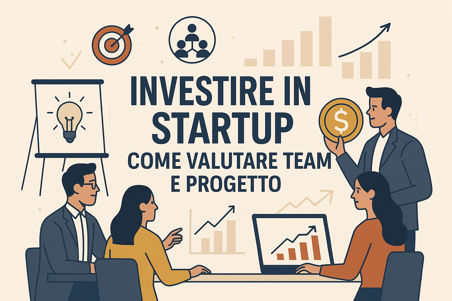 Come valutare il team di una startup prima di investire Riunione di un team startup con grafici e laptop: rappresenta come valutare il team di una startup prima di investire.