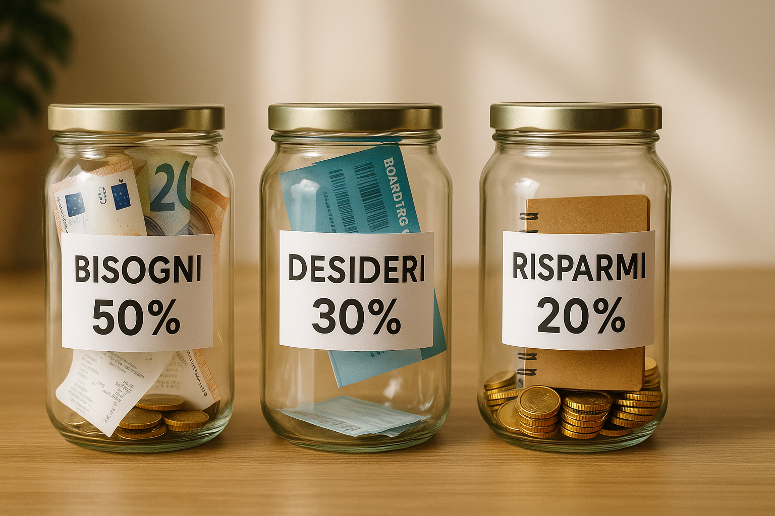 Come applicare il metodo 50/30/20 al reddito mensile italiano Tre barattoli etichettati bisogni, desideri e risparmi per mostrare come applicare il metodo 50/30/20 al reddito mensile italiano