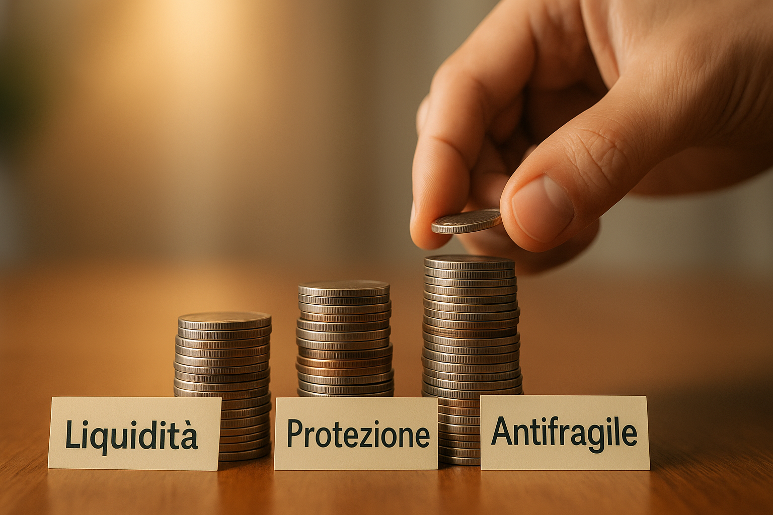 Come diversificare il fondo di emergenza Mano che tiene una pila di monete divisa in tre sezioni con etichette “Liquidità”, “Protezione” e “Antifragile”, simbolo della diversificazione del fondo di emergenza.