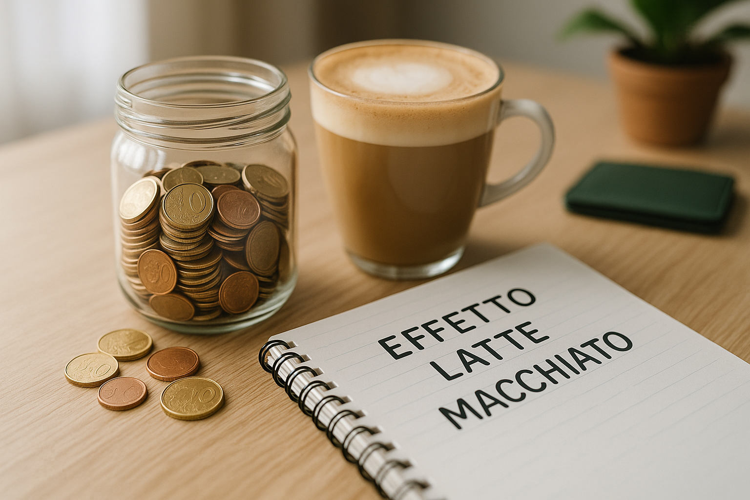 Tazza di latte macchiato accanto a un barattolo di vetro pieno di monete e un quaderno con la scritta “Effetto Latte Macchiato”, simbolo dei piccoli gesti che aiutano a ridurre le micro-spese quotidiane per risparmiare.