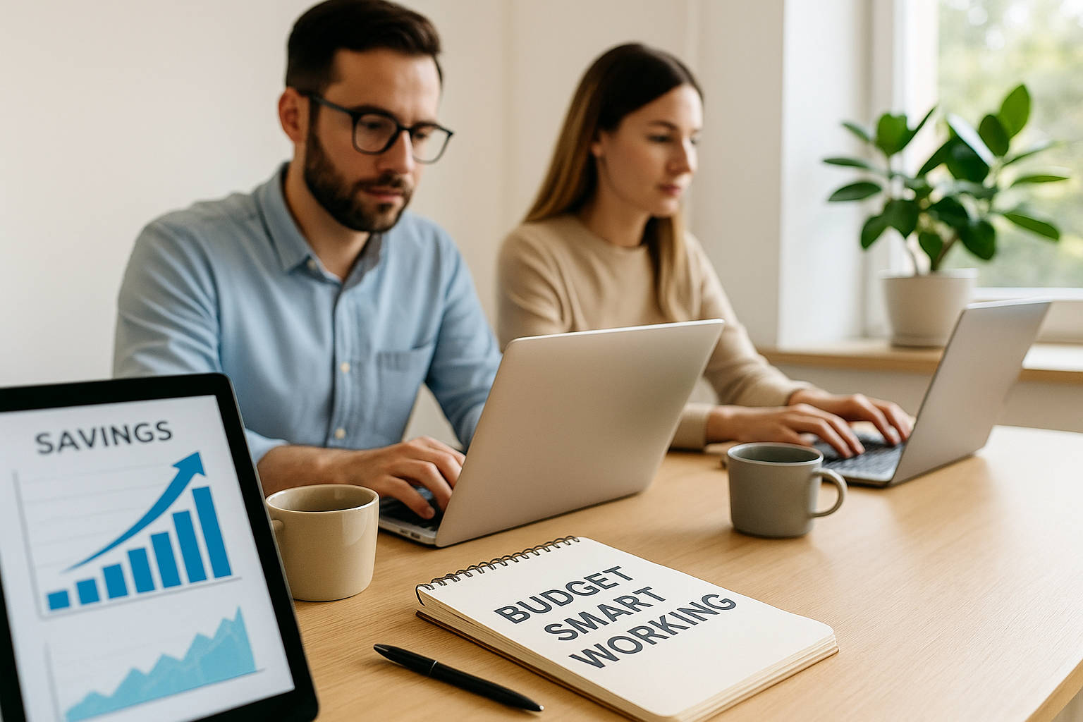Quanto si risparmia con lo smart working Uomo e donna che lavorano da casa con laptop, tazza di caffè e taccuino “Budget Smart Working”, simbolo di quanto si risparmia con lo smart working