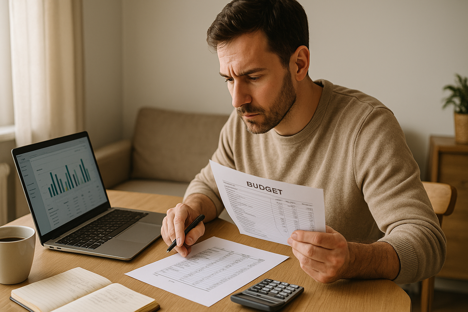cattive abitudini finanziarie da eliminare subito Uomo che controlla il proprio budget personale a casa, riflettendo sulle cattive abitudini finanziarie da eliminare subito per migliorare la gestione del denaro e risparmiare.