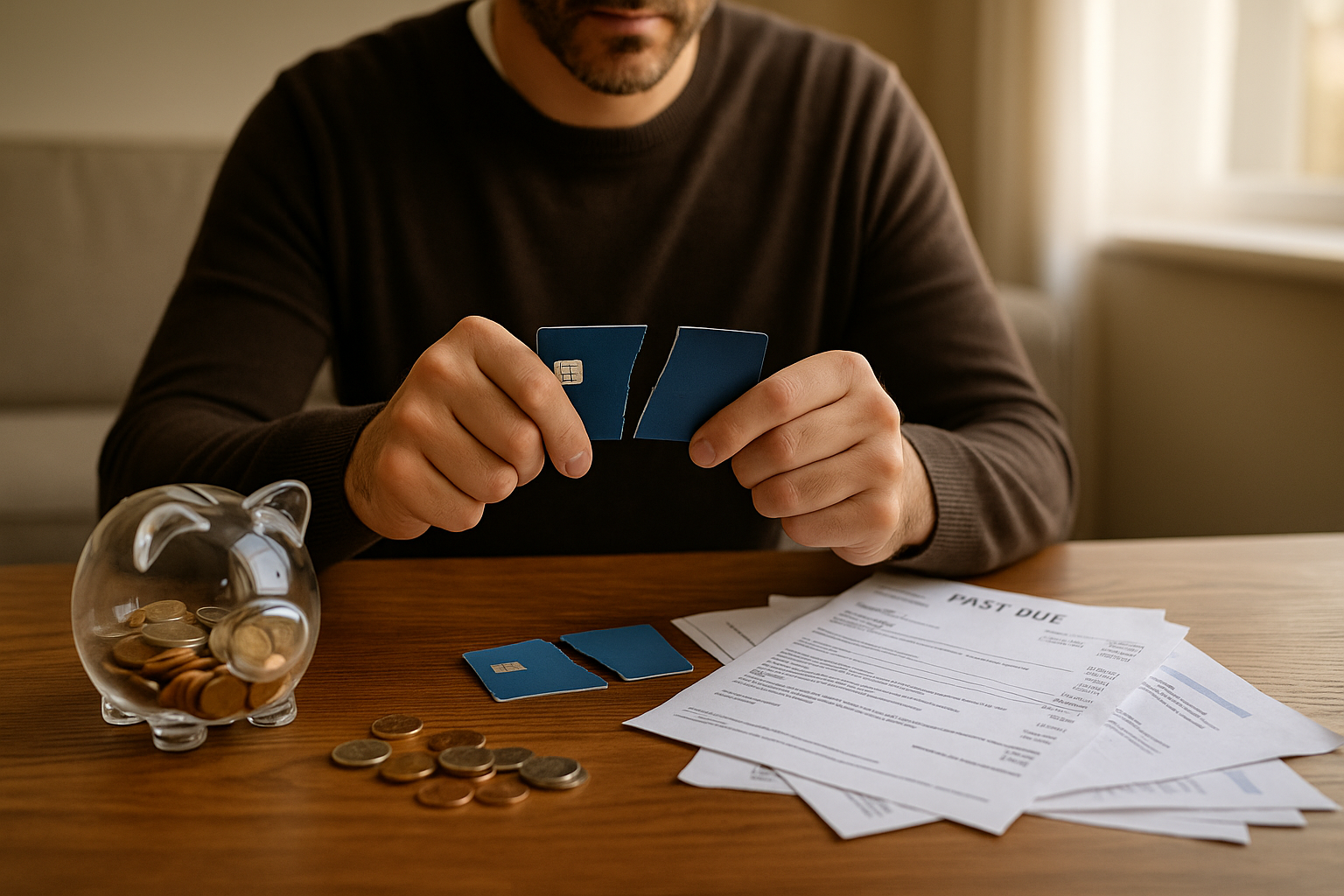 Come evitare le trappole del debito facile Persona preoccupata davanti a bollette e carte di credito: rappresenta come evitare le trappole del debito facile.