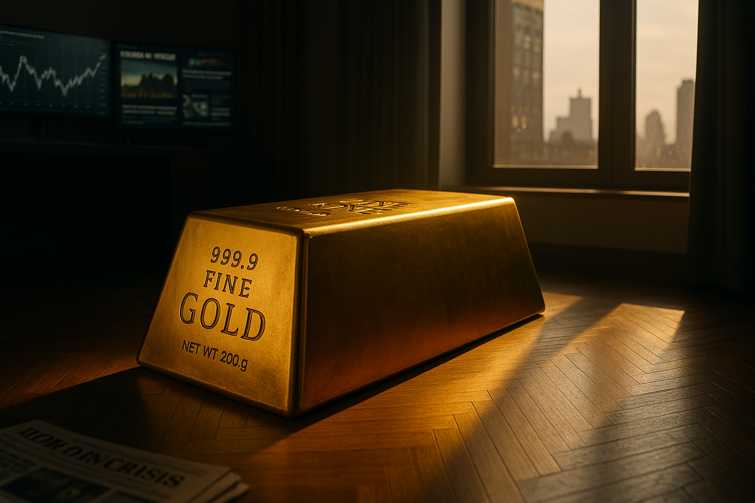 investire in oro oggi pro e contro Lingotti d’oro illuminati da una luce calda in una stanza moderna, simbolo del tema “investire in oro oggi pro e contro” tra rifugio e rischio.