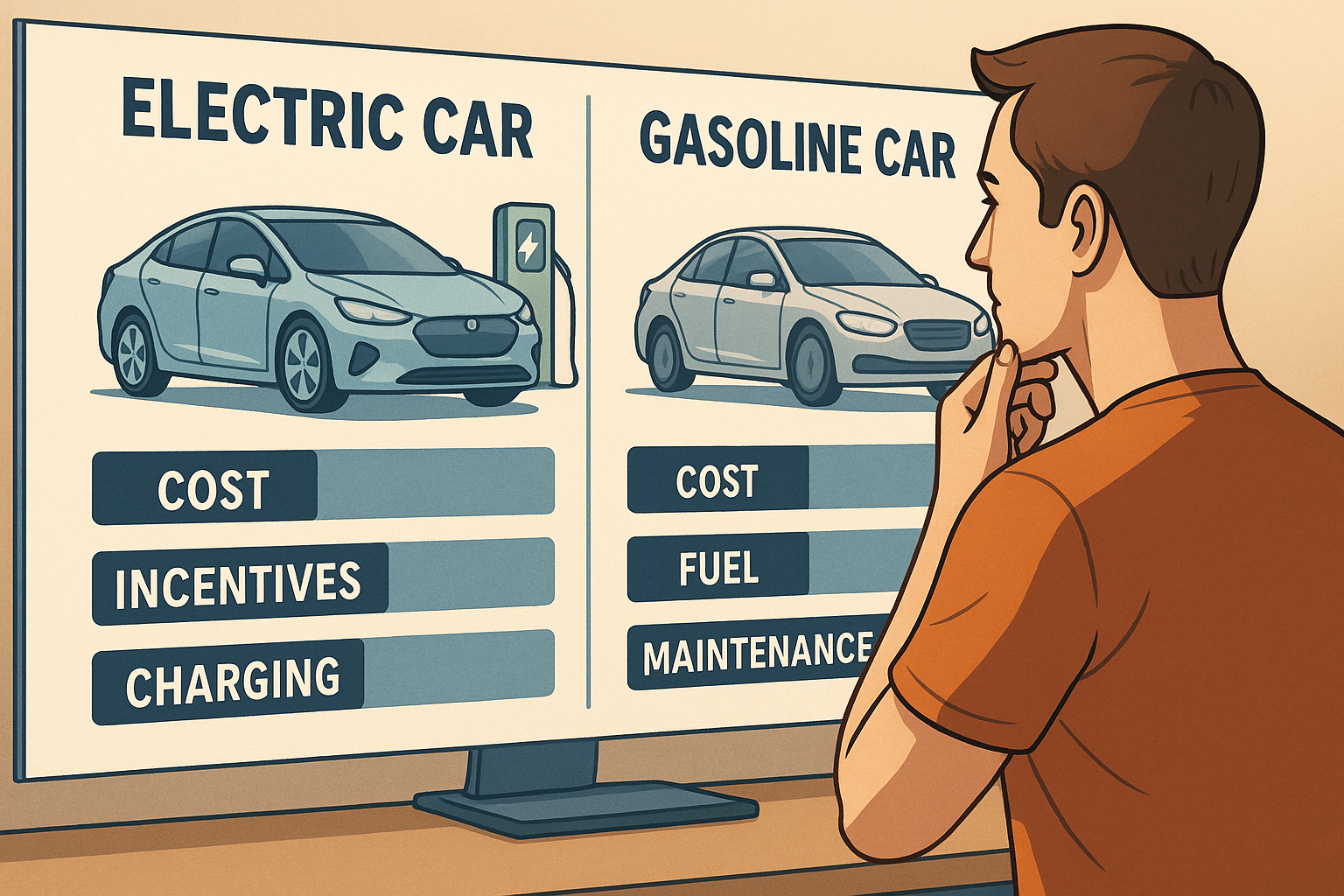 Auto elettrica risparmio o spesa nascosta. Confronto tra auto elettrica e auto tradizionale su uno schermo, con un uomo che valuta costi, incentivi, ricarica e manutenzione.