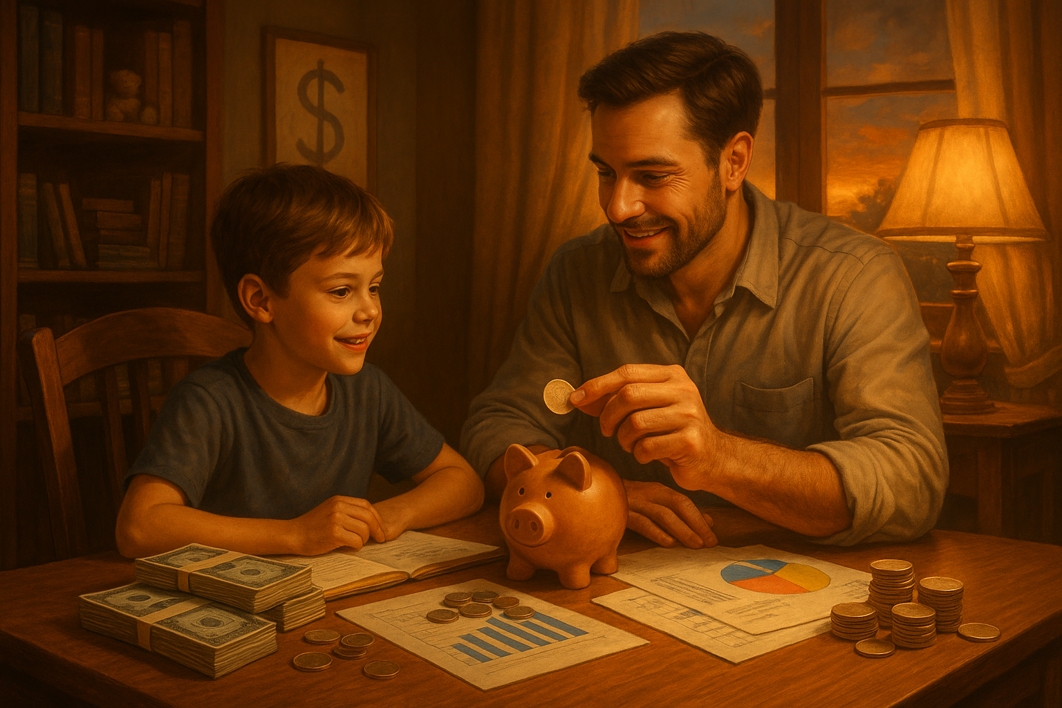 Come insegnare l’educazione finanziaria ai figli Come insegnare l’educazione finanziaria ai figli : genitore e figlio seduti insieme mentre imparano il valore del denaro con salvadanaio e grafico su tablet : genitore e figlio seduti insieme mentre imparano il valore del denaro con salvadanaio e grafico su tablet
