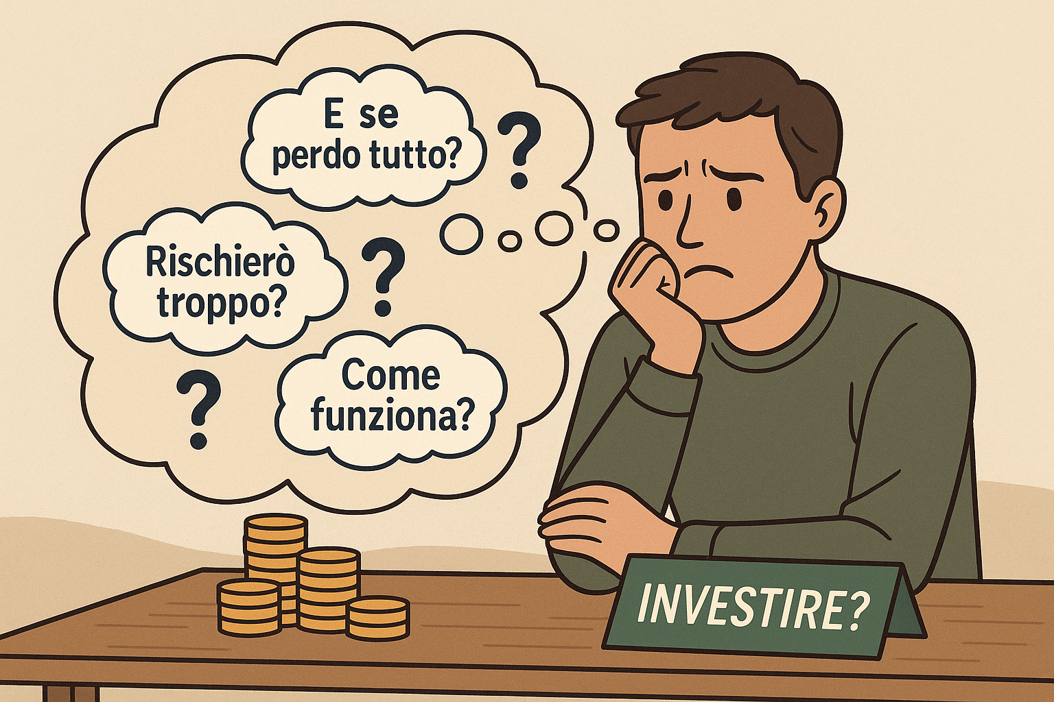 Come superare la paura di investire immagine ersona preoccupata davanti a monete e cartello “investire?”, con pensieri di paura e dubbi su come superare la paura di investire.