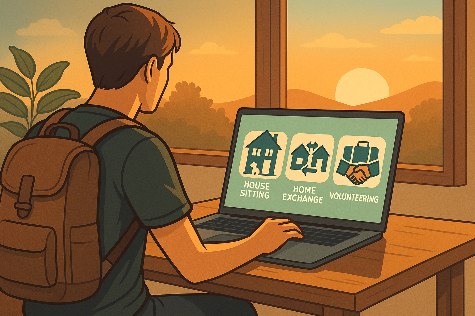 Come viaggiare gratis con house sitting e home exchange Come viaggiare gratis con house sitting e home exchange - Viaggiatore davanti al laptop che valuta house sitting, home exchange e volontariato per viaggiare gratis.