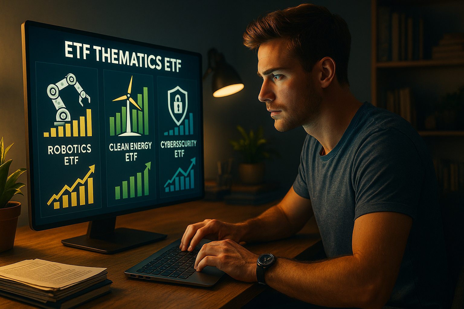 ETF tematici cosa sono e come funzionano in Italia ETF tematici: cosa sono e come funzionano : Illustrazione di un investitore davanti al computer con grafici su robotica, energia pulita, AI e cybersecurity, simbolo degli ETF tematici