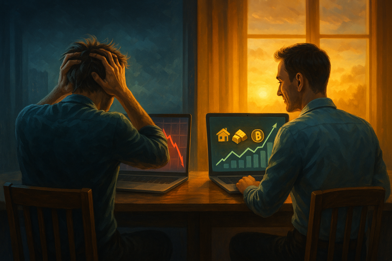 Due investitori a confronto: uno disperato davanti a un grafico in forte calo e l’altro sereno grazie alla diversificazione. Concetto di perché non bisogna investire tutto in un’unica cosa.