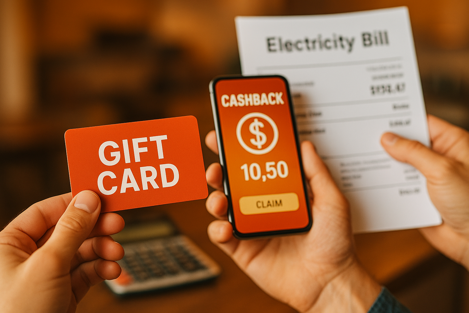 Come ridurre la bolletta della luce con il cashback Mani che mostrano una gift card, uno smartphone con cashback attivo e una bolletta della luce: concetto di come ridurre la bolletta della luce con il cashback.