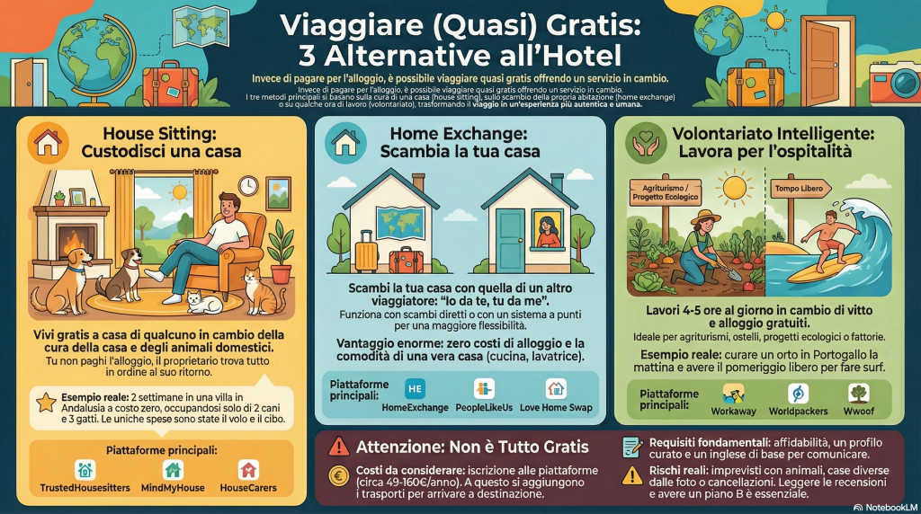 Infografica su come viaggiare gratis con house sitting e home exchange