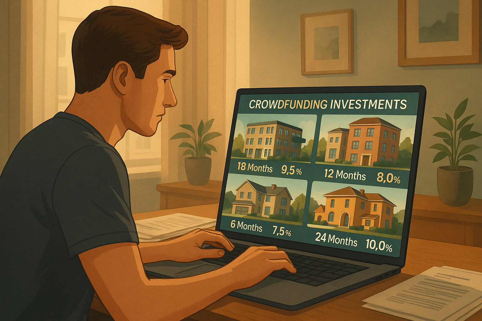Crowdfunding immobiliare per principianti – valutazione progetti e rendimenti Uomo al computer che valuta proposte di crowdfunding immobiliare per principianti con immagini di case, rendimenti e durata degli investimenti sullo schermo.