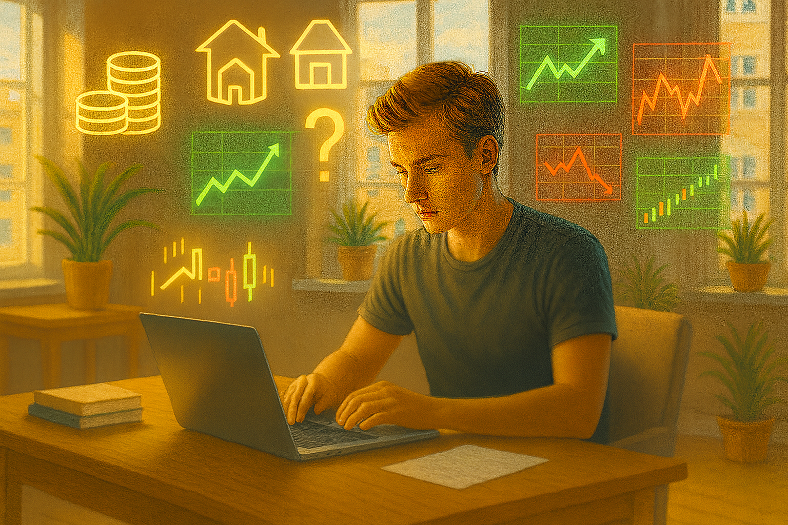 trading online per principianti rischi reali Giovane principiante che valuta investimenti sicuri e i rischi reali del trading online, con grafici verdi e rossi e simboli immobiliari attorno a lui.