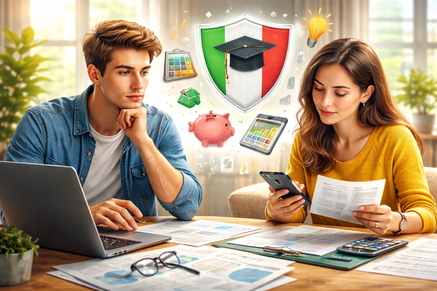 Alfabetizzazione finanziaria dei Millennials italiani nel 2026 Due giovani adulti italiani analizzano documenti finanziari e strumenti digitali, simbolo dell’alfabetizzazione finanziaria dei Millennials italiani nel 2026.