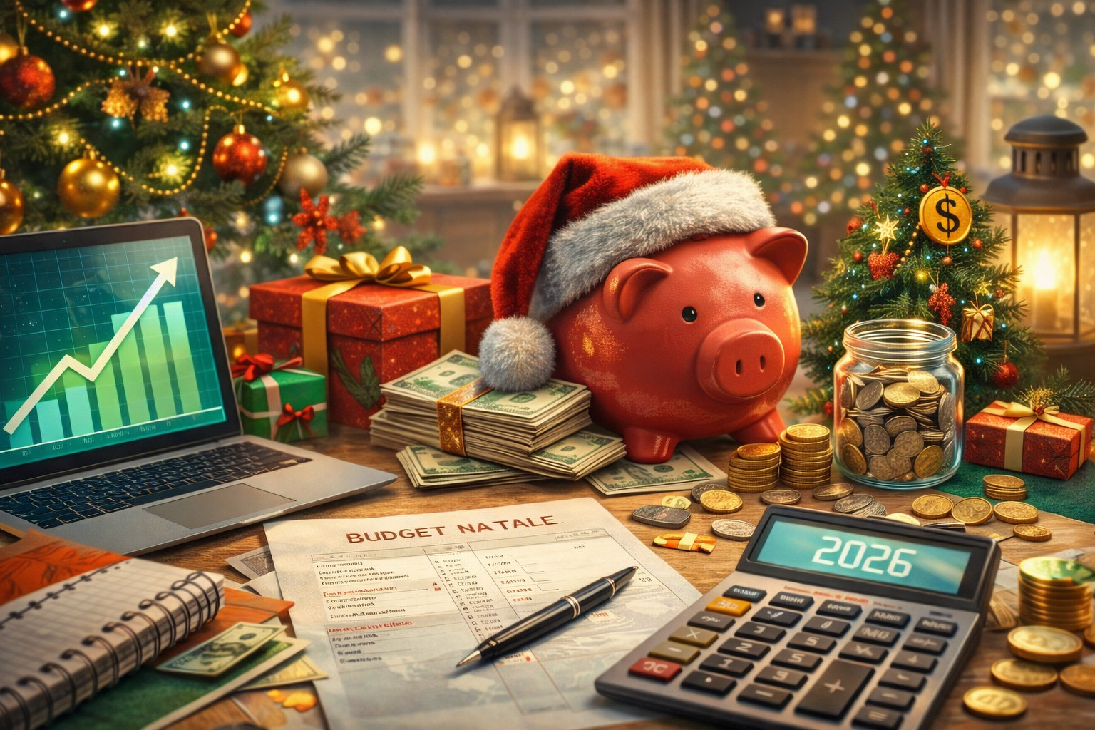 Come gestire le spese di Natale senza esagerare Scena natalizia con elementi di risparmio e pianificazione finanziaria, simbolo di come gestire le spese di Natale senza esagerare.