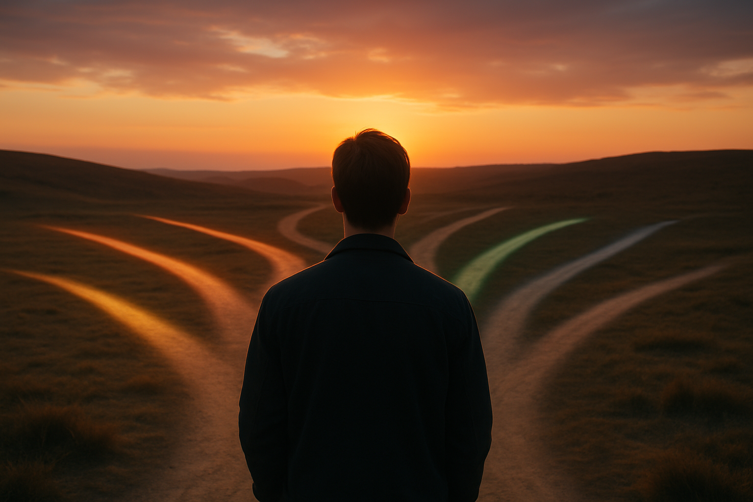 Come scegliere investimenti quando ci sono troppe opzioni Persona di spalle davanti a cinque sentieri che si dividono al tramonto, simbolo della difficoltà di come scegliere investimenti quando ci sono troppe opzioni.