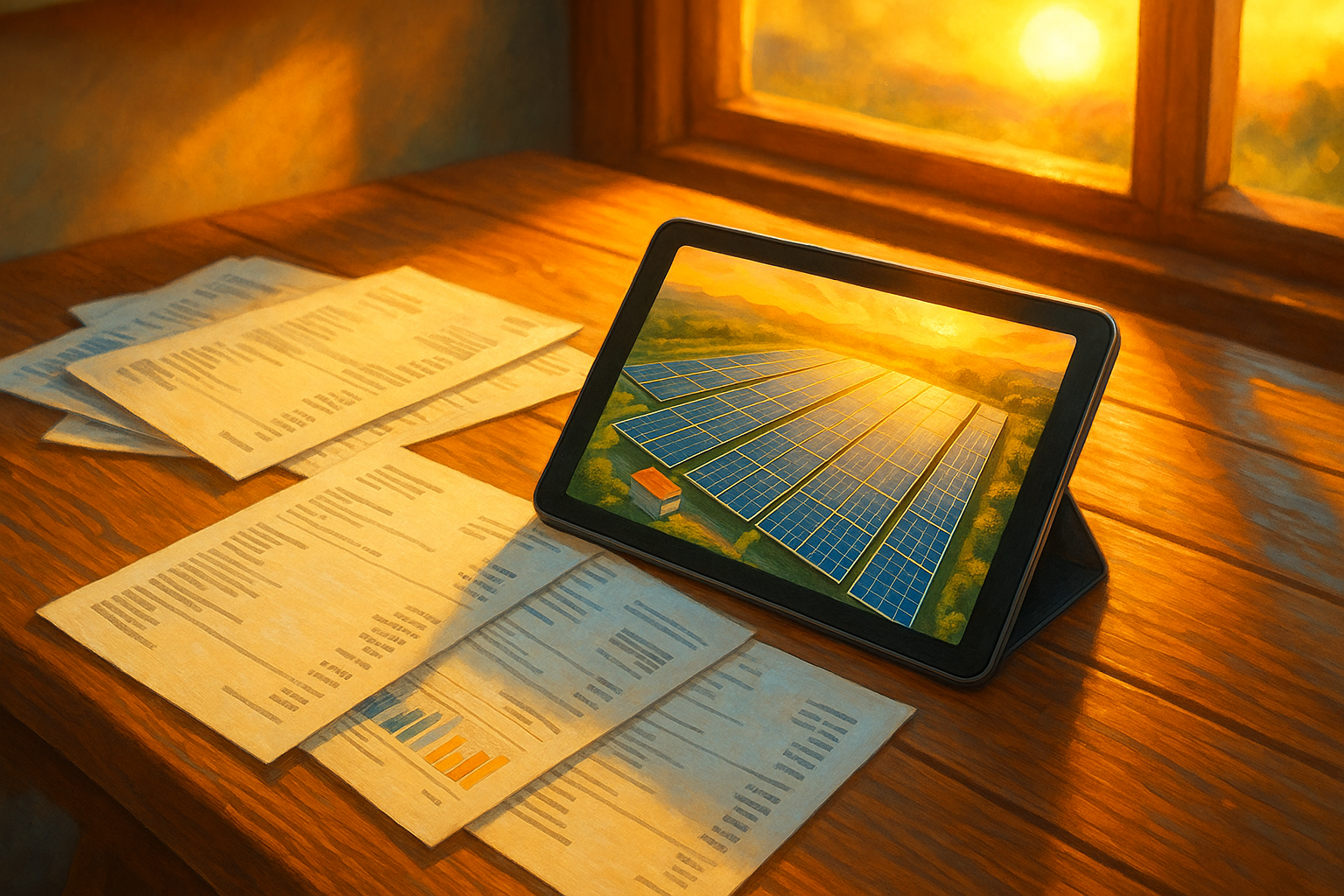 Il metodo del fotovoltaico a distanza per abbassare le bollette Illustrazione fotorealistica 16:9 con documenti di bollette su un tavolo illuminato dal sole e un tablet che mostra un impianto di fotovoltaico a distanza, collegato al metodo per abbassare le bollette.