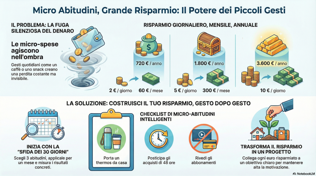 Micro abitudini per risparmiare soldi ogni giorno - infografica