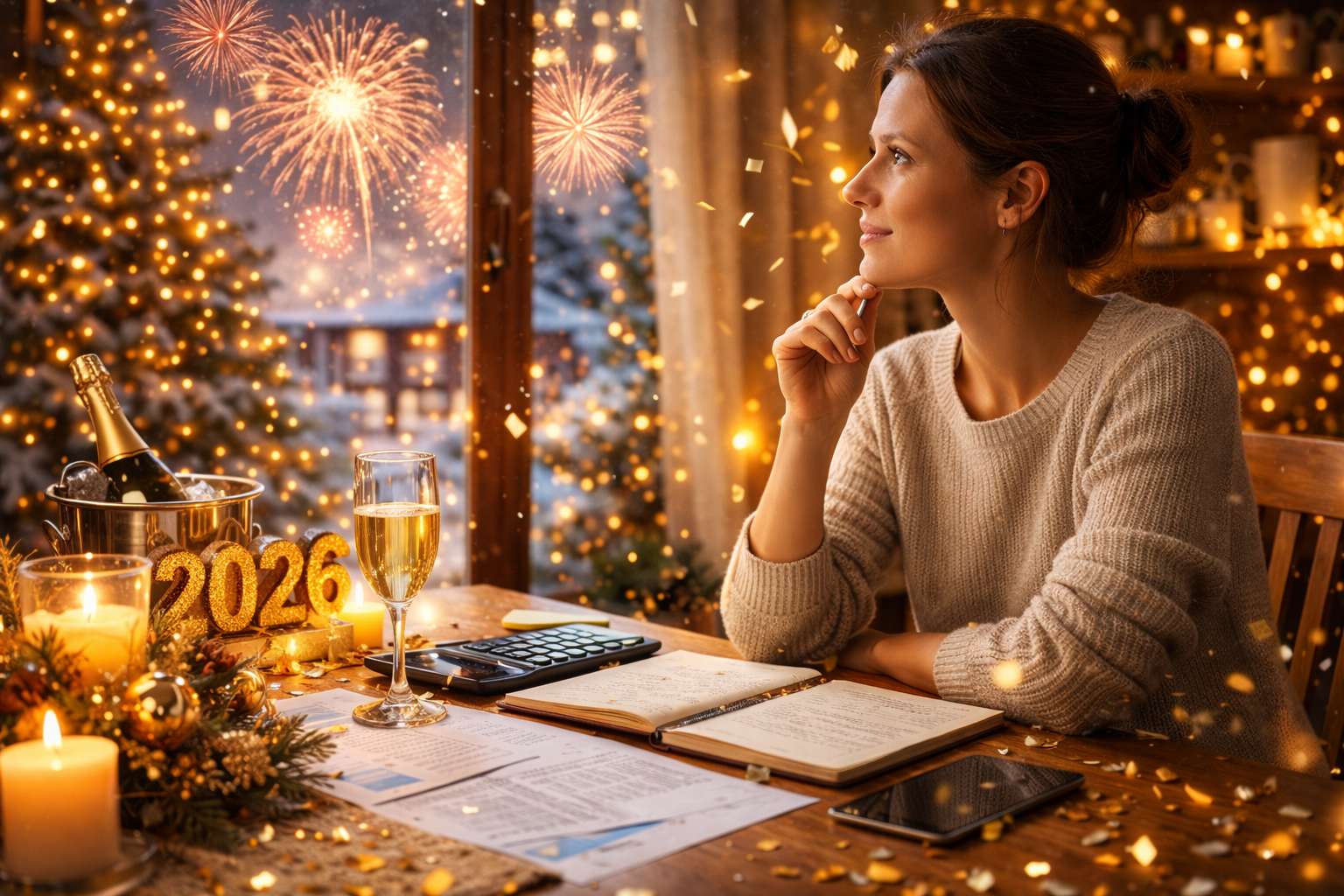 Riflettere sulle proprie finanze a fine anno Donna che riflette sulle proprie finanze a fine anno durante il Capodanno, simbolo di bilanci personali e nuovi obiettivi finanziari. - Riflettere sulle proprie finanze a fine anno