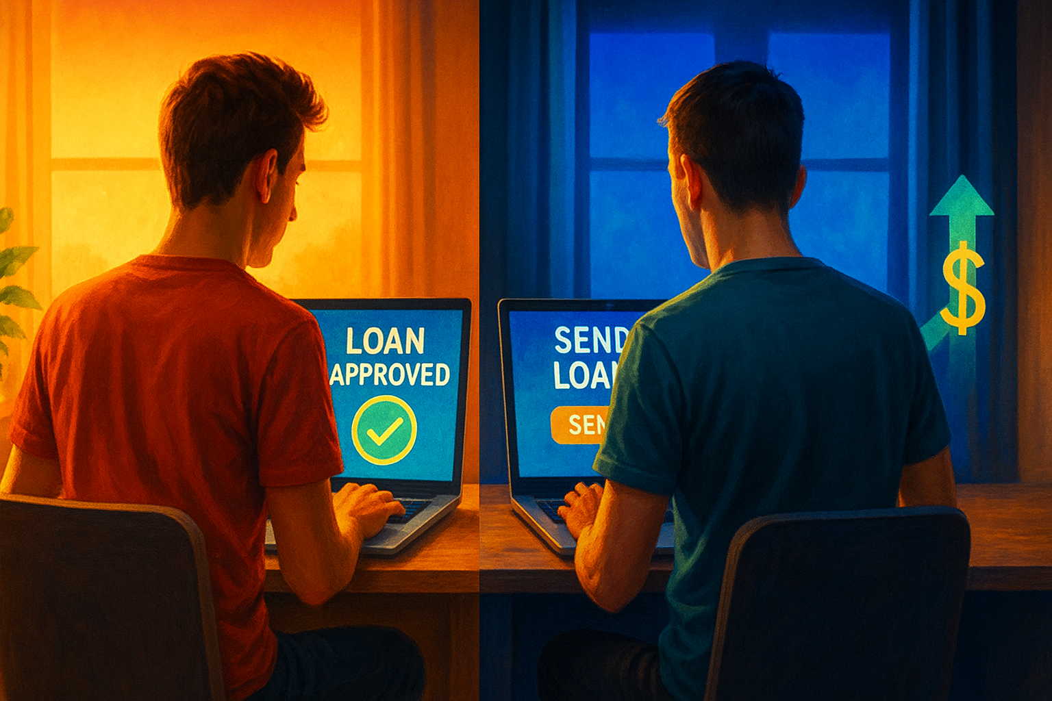 prestare denaro online peer to peer è sicuro? Due persone viste di spalle lavorano al computer in due ambienti diversi: una riceve un prestito online, l’altra lo invia, simbolo del peer to peer lending e della domanda se prestare denaro online peer to peer è sicuro.