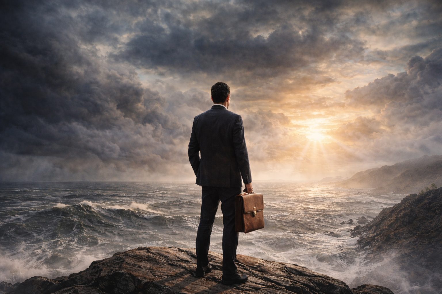 antifragilita-finanziaria-personale-tempesta Uomo sulla scogliera di fronte a una tempesta, simbolo dell’antifragilità finanziaria personale e della capacità di affrontare l’incertezza.