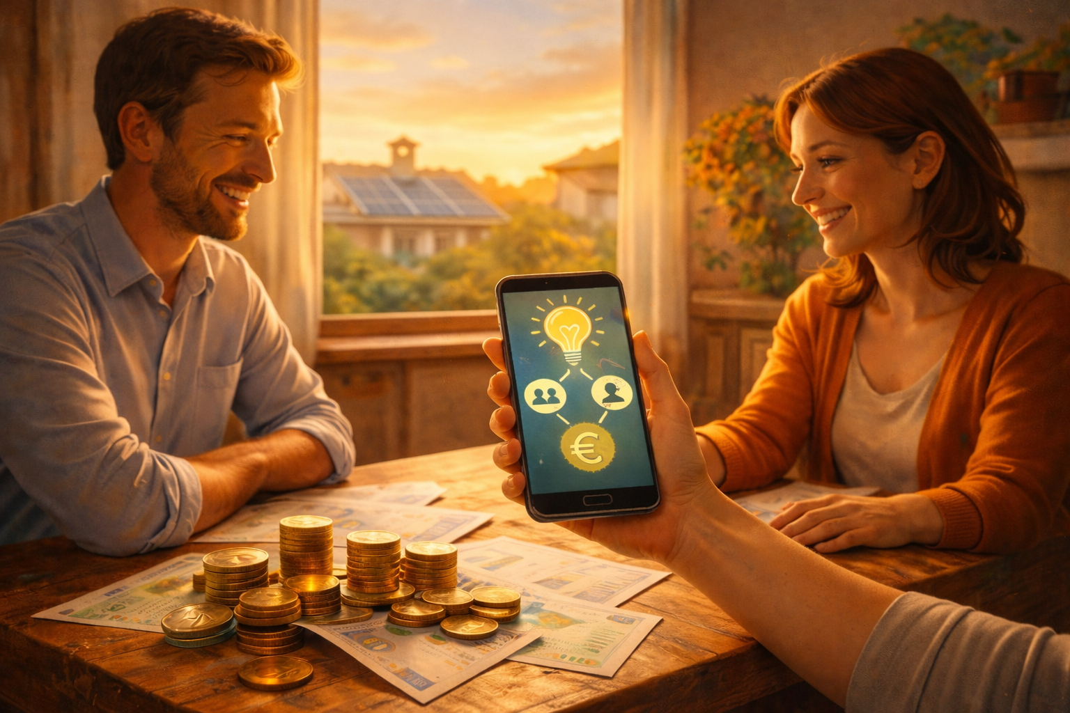 come ottenere un’entrata extra dal settore energia Coppia seduta a un tavolo che osserva uno smartphone con icone energetiche e simboli di guadagno, esempio di come ottenere un’entrata extra dal settore energia.