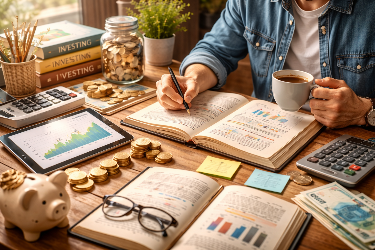 Persona che studia libri e grafici finanziari, simbolo dell’investire in conoscenza per migliorare le proprie finanze nel lungo periodo.