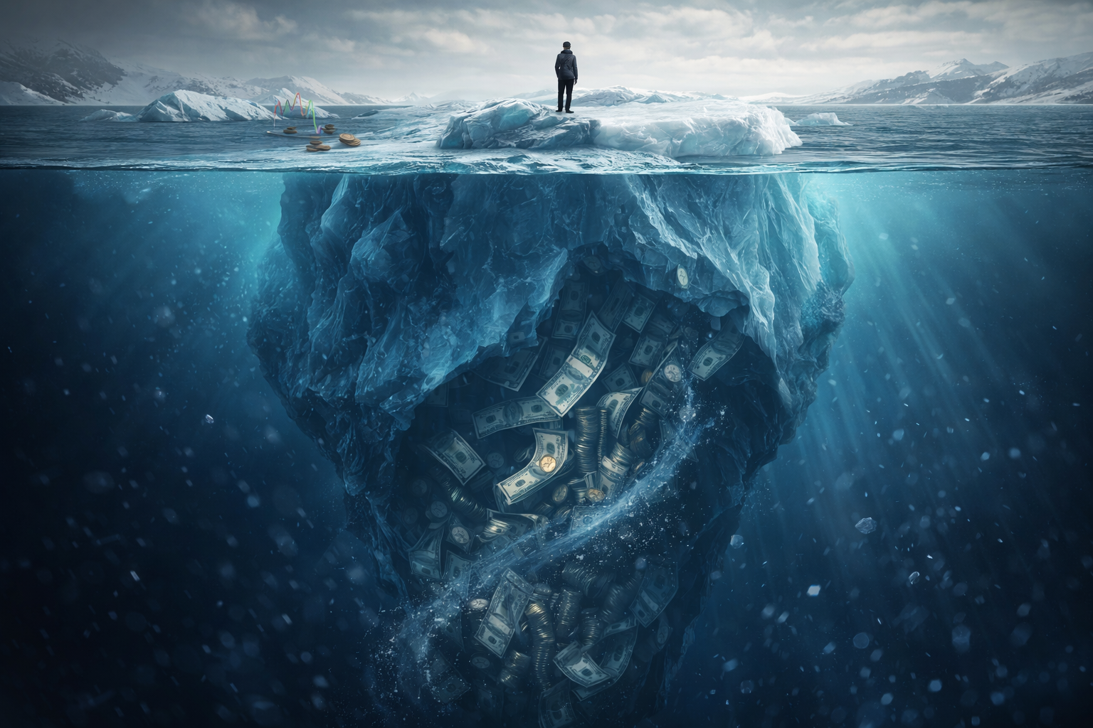 quanto costano le cattive decisioni finanziarie Iceberg con denaro nascosto sotto la superficie, simbolo di quanto costano le cattive decisioni finanziarie nel tempo.