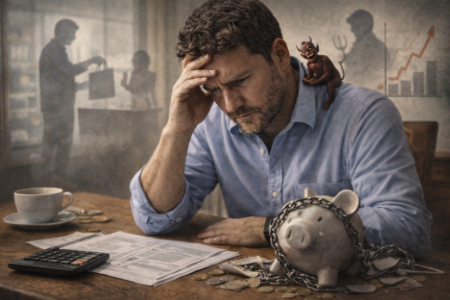 Come smettere di sabotare i propri obiettivi finanziari Uomo che riflette sulle proprie difficoltà finanziarie, simbolo di come smettere di sabotare i propri obiettivi finanziari.