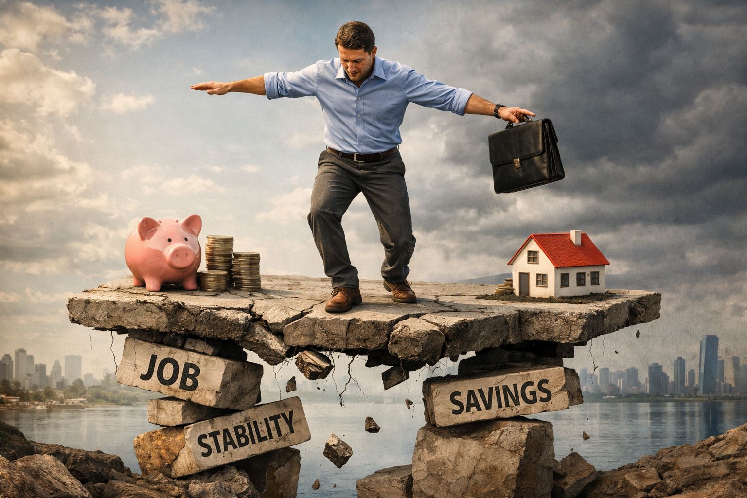 perché sentirsi finanziariamente al sicuro è pericoloso Persona in equilibrio precario su una base instabile, simbolo del perché sentirsi finanziariamente al sicuro è pericoloso.