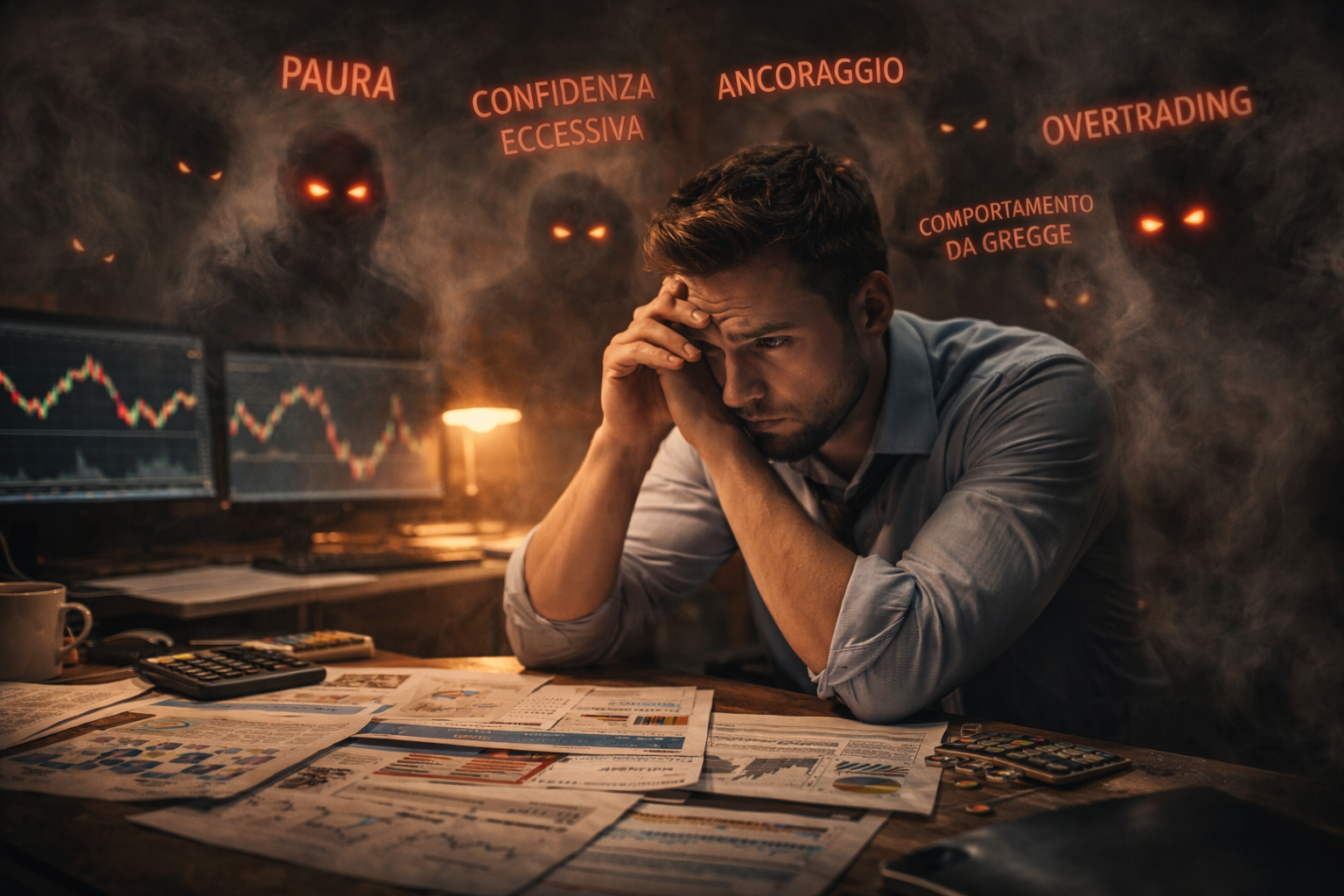 trappole mentali degli investitori e come evitarle Investitore in difficoltà circondato da simboli delle trappole mentali degli investitori e come evitarle.